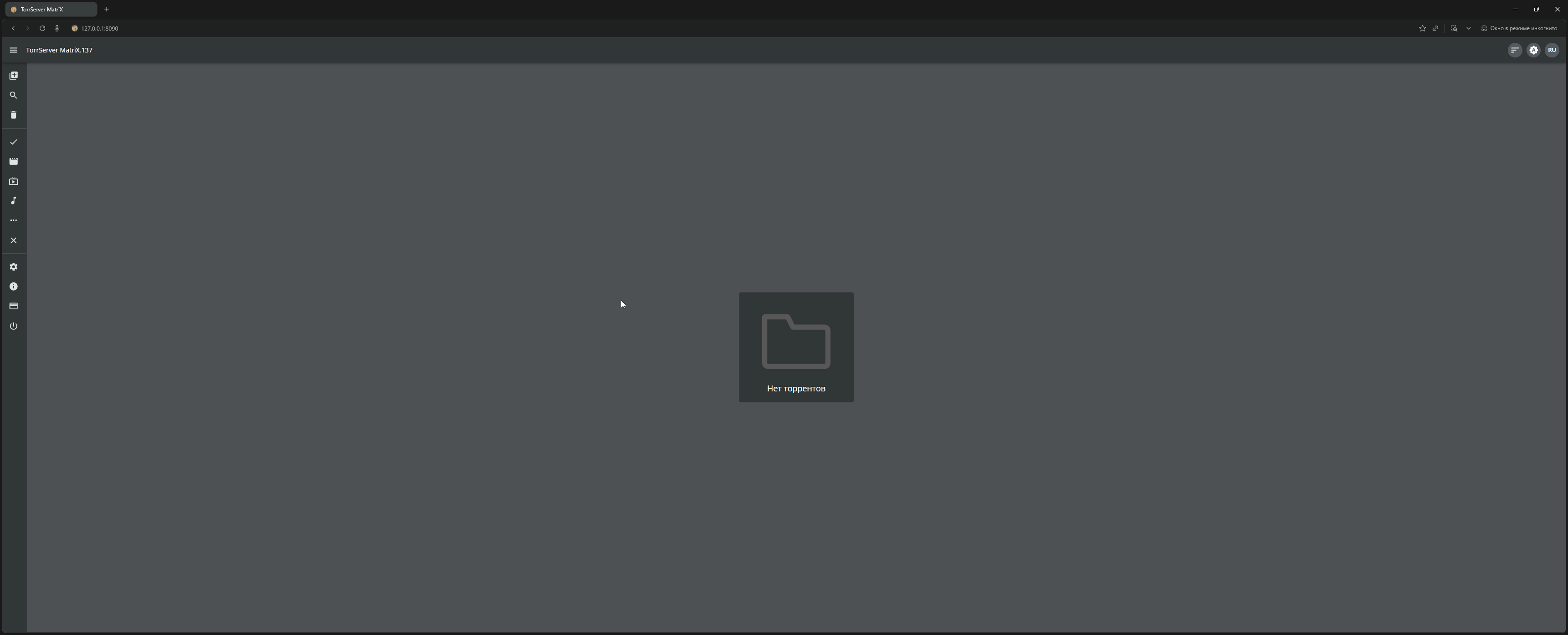TorrServer web interface in browser. Here you can manually add torrents, see active releases, and configure caching parameters.